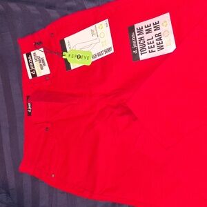 red sateen jean pants